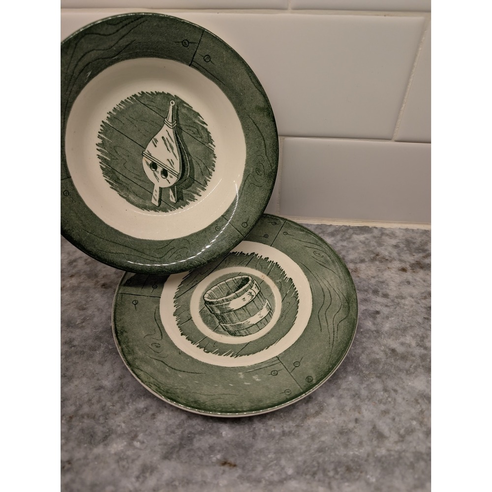 Vintage Royal China‎ Colonial Homestead Green Water Bucket Plate & Small Dish